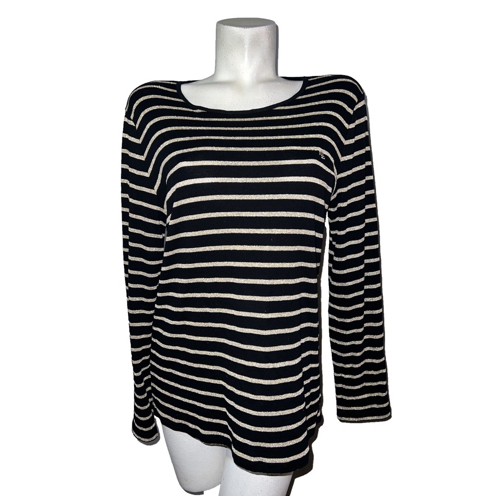 Lauren Ralph Lauren Womens XL Black Gold Metallic‎ Striped Long Sleeve Knit Top